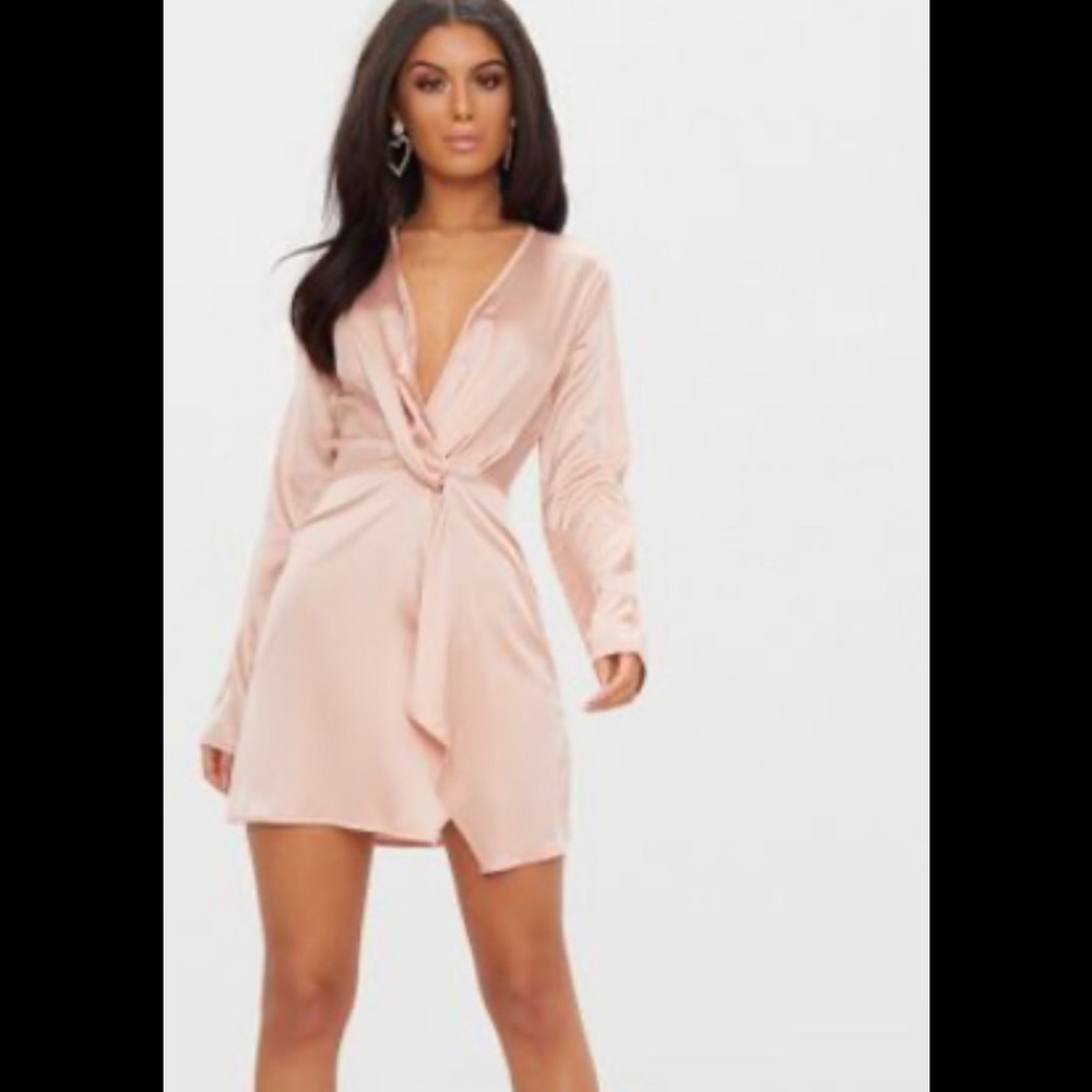 Nude Satin Long Sleeve Wrap Dress